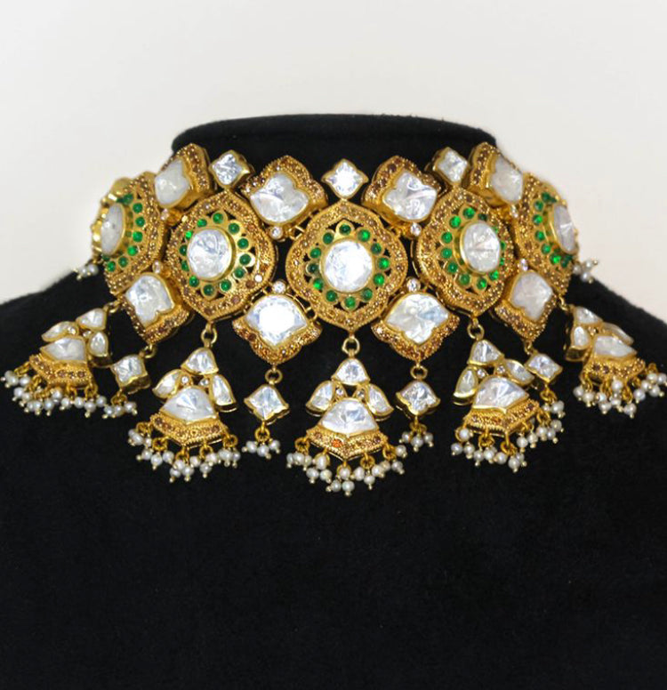 925 silver Heritage Bridal Polki Choker Necklace - Amrrutam