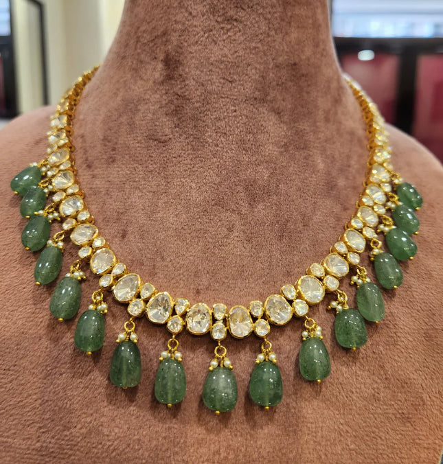 925 Silver Moissanite Polki Necklace With Green Beads - Amrrutam 