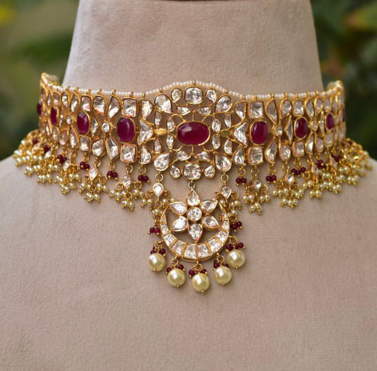 925 Silver Manasvi Ruby Polki Festive Choker Necklace Set - Amrrutam Jewellery