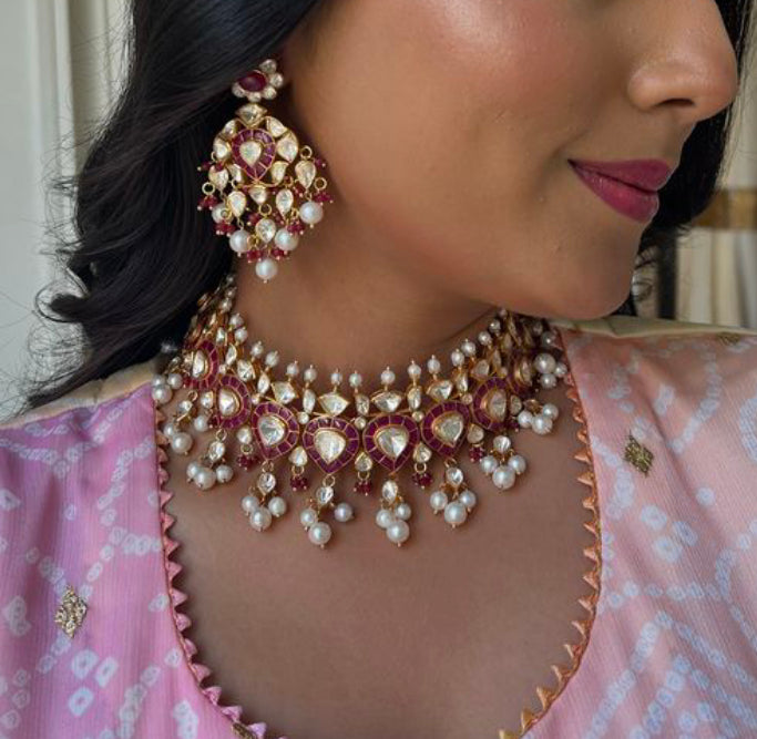 925 Silver Varshney Ruby Polki Festive Necklace Set - Amrrutam Jewellery