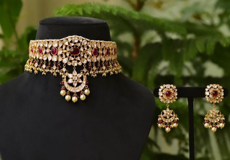 925 Silver Manasvi Ruby Polki Festive Choker Necklace Set - Amrrutam Jewellery