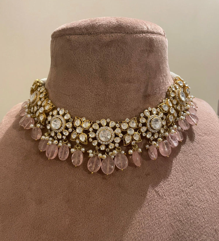 925 Silver Niyuri Pink Polki Choker Necklace Set - Amrrutam