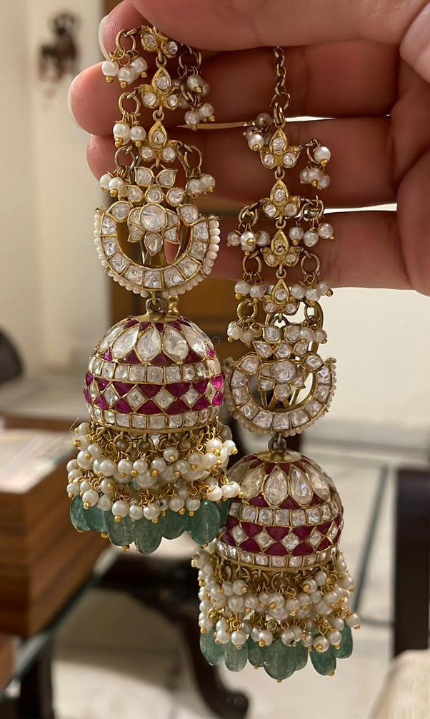 925 Silver Naveli Ruby Polki Jhumka With Kaan Chain - Amrrutam