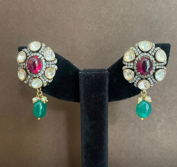 925 Silver Kisah Ruby Polki Drop Earring - Amrrutam Jewellery