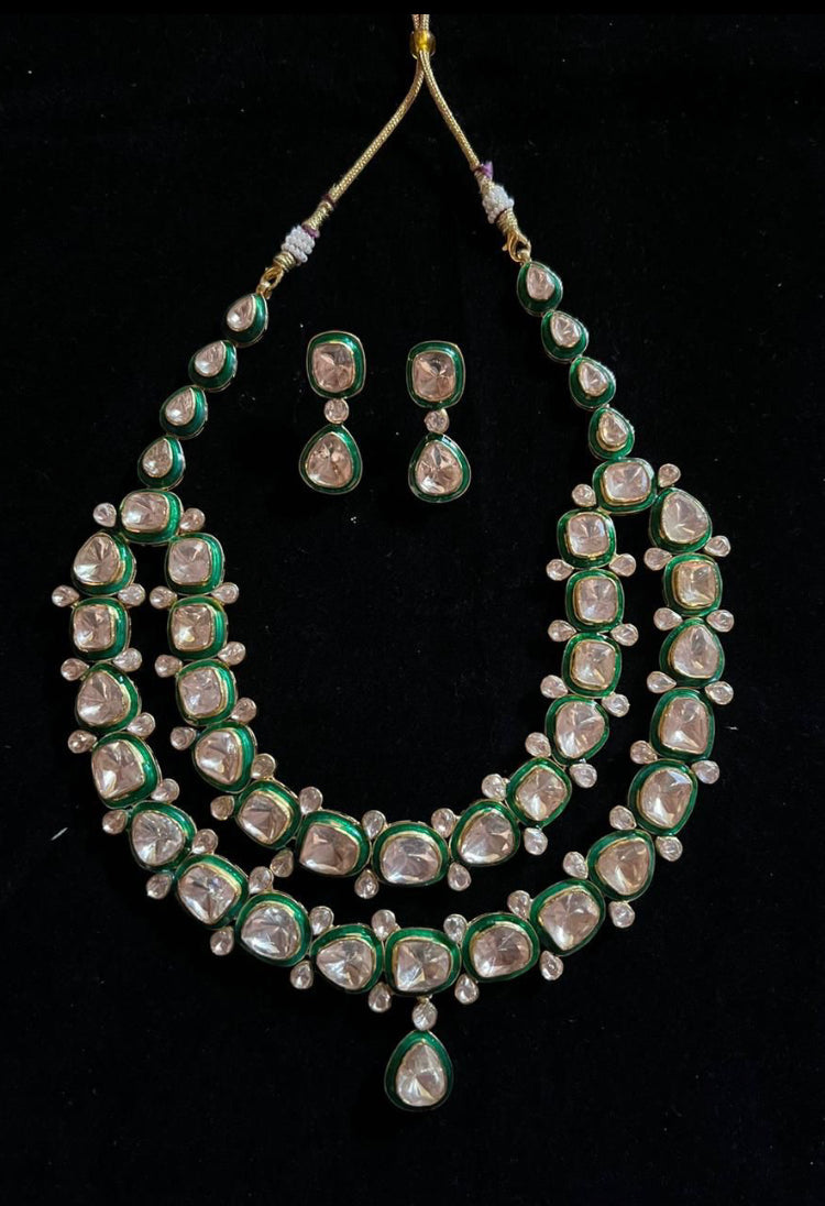 925 Silver Double Layer Polki Meena Necklace Set - Amrrutam