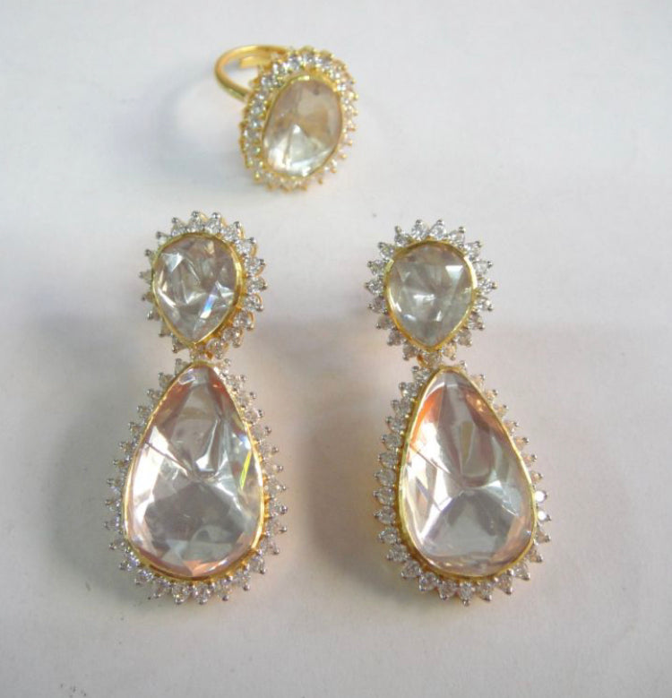 925 Silver Polki Earrings & Ring Set - Amrrutam