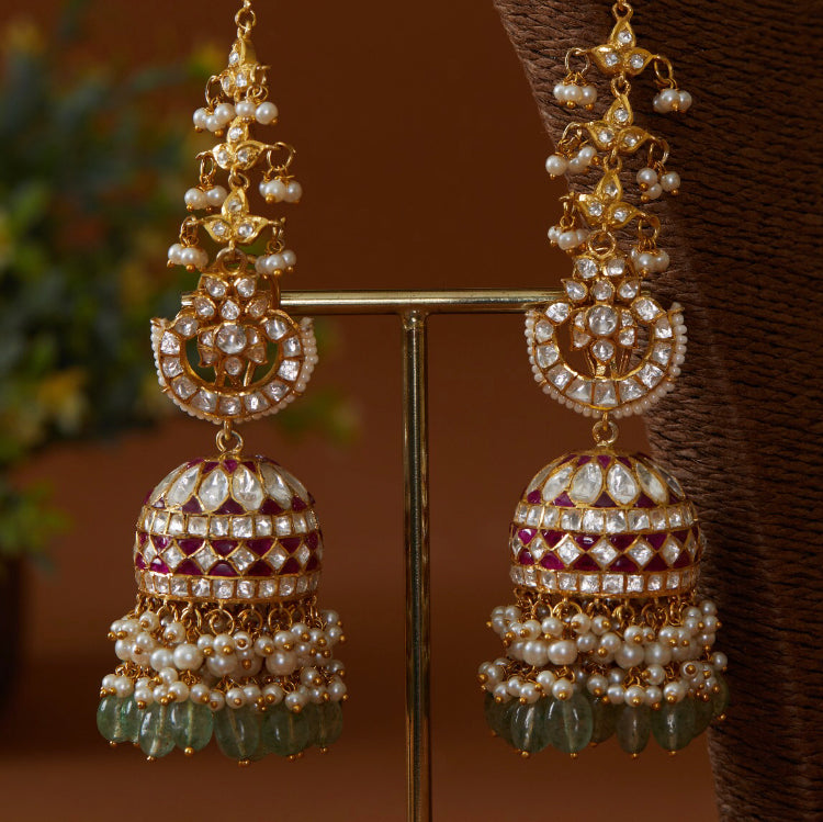 925 Silver Naveli Ruby Polki Jhumka With Kaan Chain - Amrrutam 