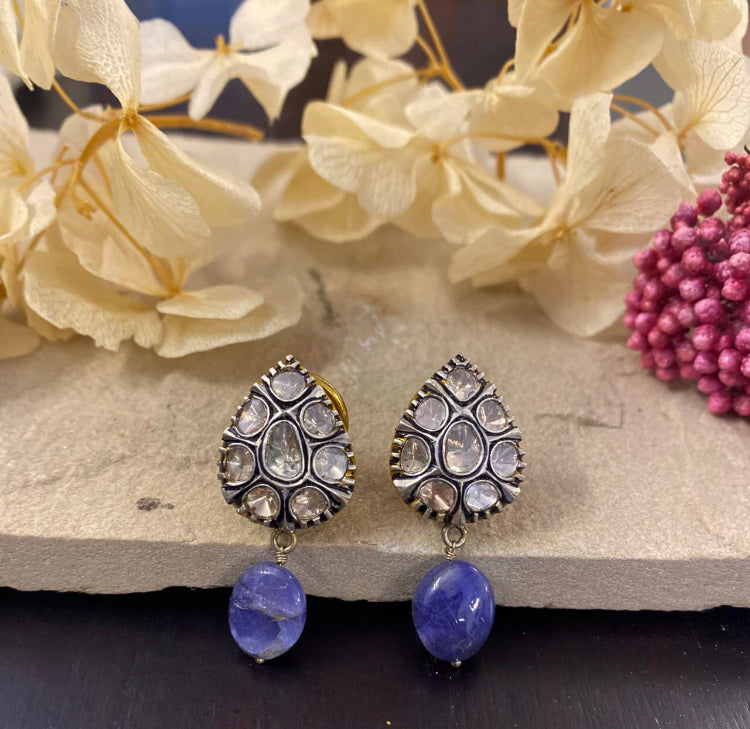 925 Silver Vintage Paradise Tanzanite Uncut Diamond Earrings - Amrrutam