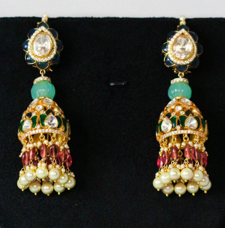 925 Silver Polki Jhumka Earrings With Kaan Chain - Amrrutam