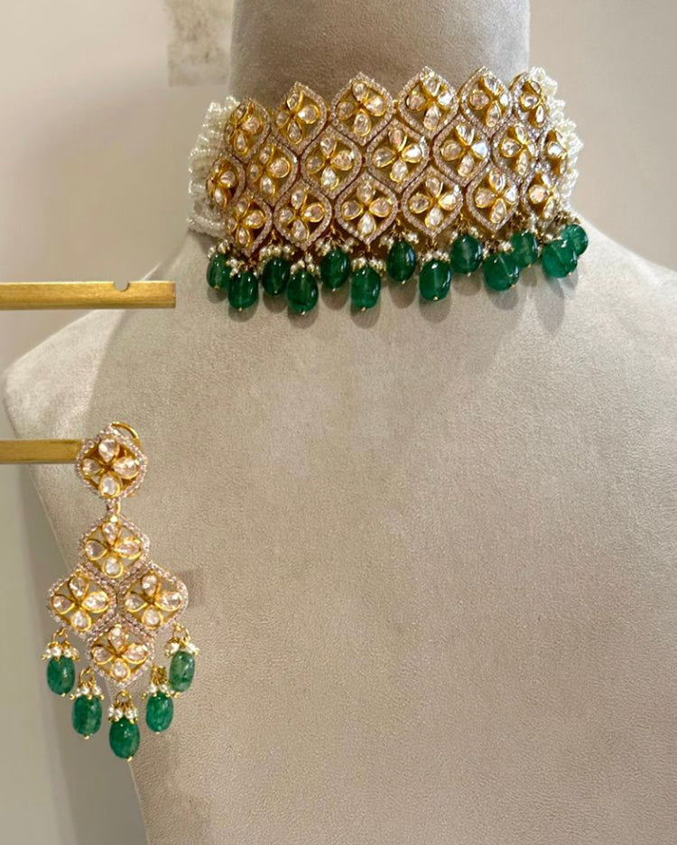 925 Silver Peora Emerald Polki Necklace Set - Amrrutam