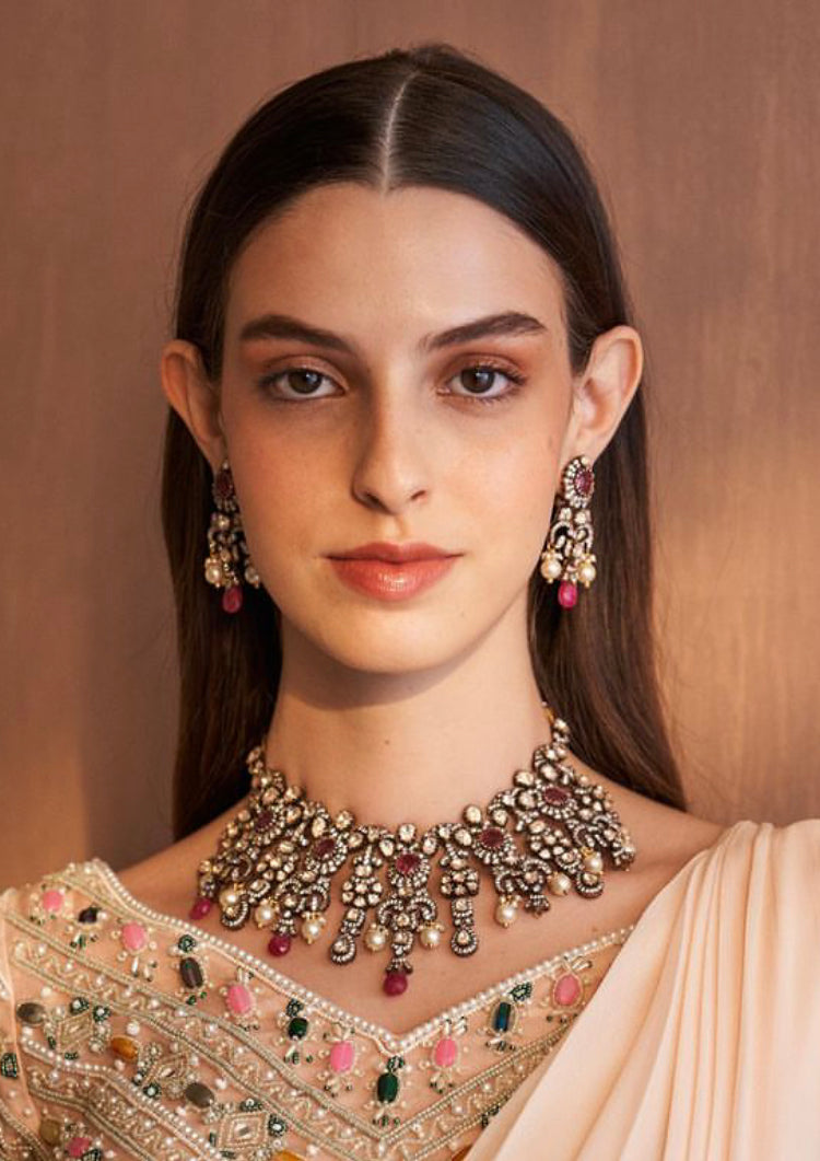 925 Silver Somani Ruby Polki Choker Necklace Set - Amrrutam Jewellery