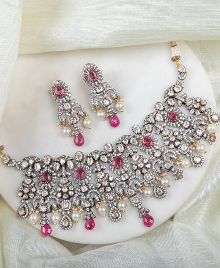 925 Silver Somani Ruby Polki Choker Necklace Set - Amrrutam Jewellery