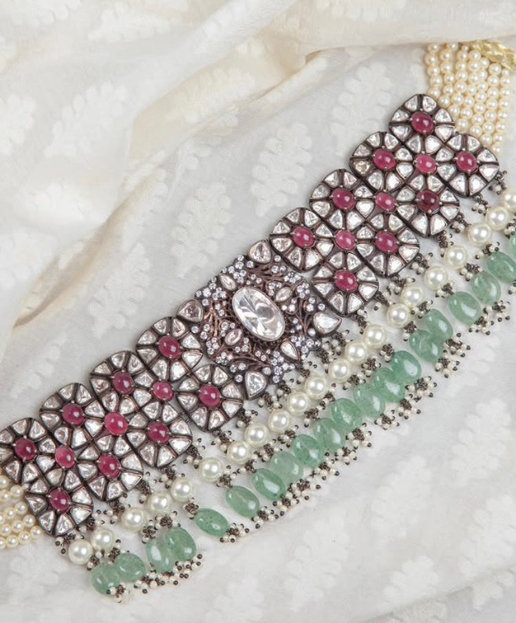 925 Silver Noorah Polki Choker Necklace Set - Amrrutam Jewellery