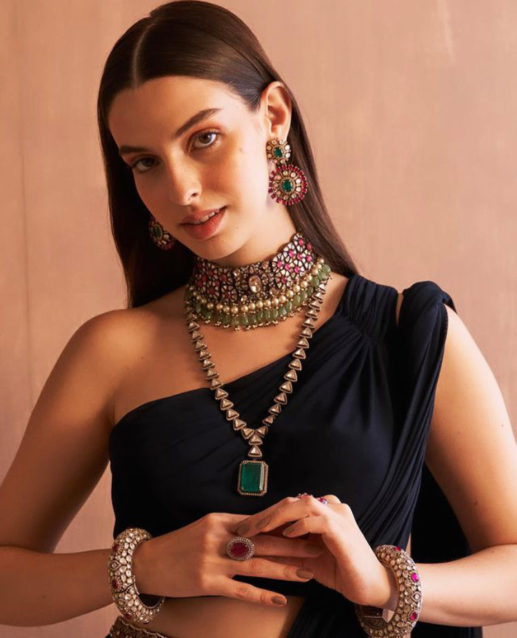 925 Silver Noorah Polki Choker Necklace Set - Amrrutam Jewellery