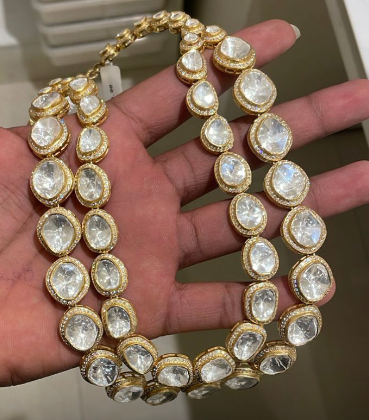 925 Silver Neelaya Polki Double Line Necklace - Amrrutam Jewellery
