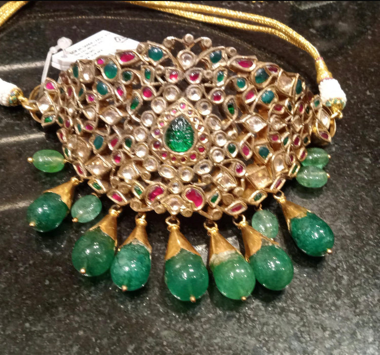 925 Silver Zeeyan Emerald Polki Choker Necklace - Amrrutam Jewellery