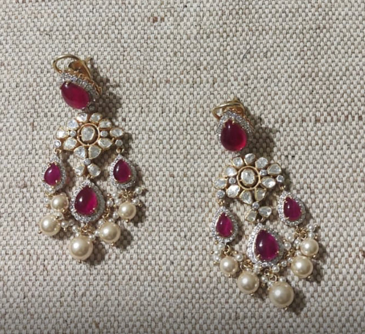 925 Silver Diya Pink Polki Earrings
