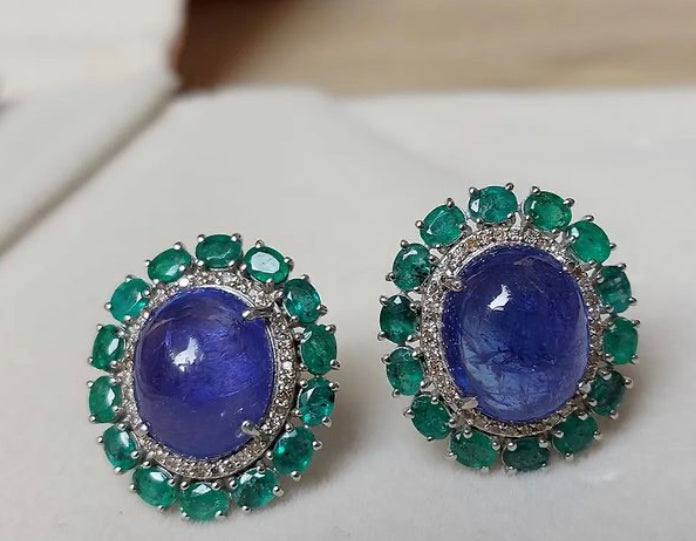 925 Silver Tanzanite Emerald Stud Earrings - Amrrutam Jewellery