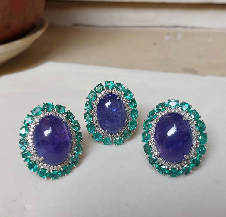 925 Silver Tanzanite Emerald Stud Earrings - Amrrutam Jewellery