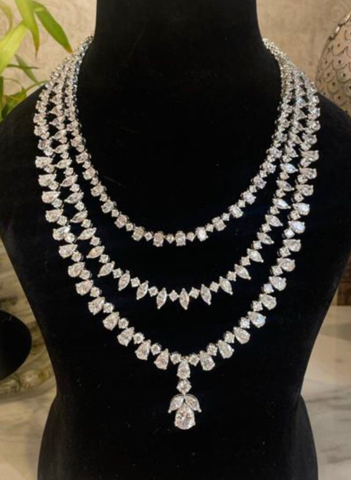 925 Silver Meraki Three Layer CZ Necklace - Amrrutam 