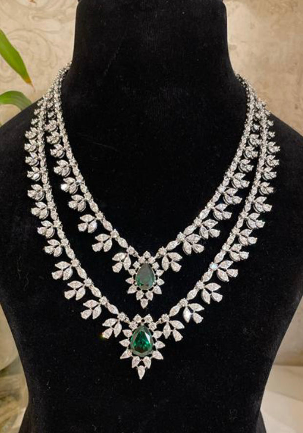 925 Silver Double Layer Emerald CZ Necklace - Amrrutam 