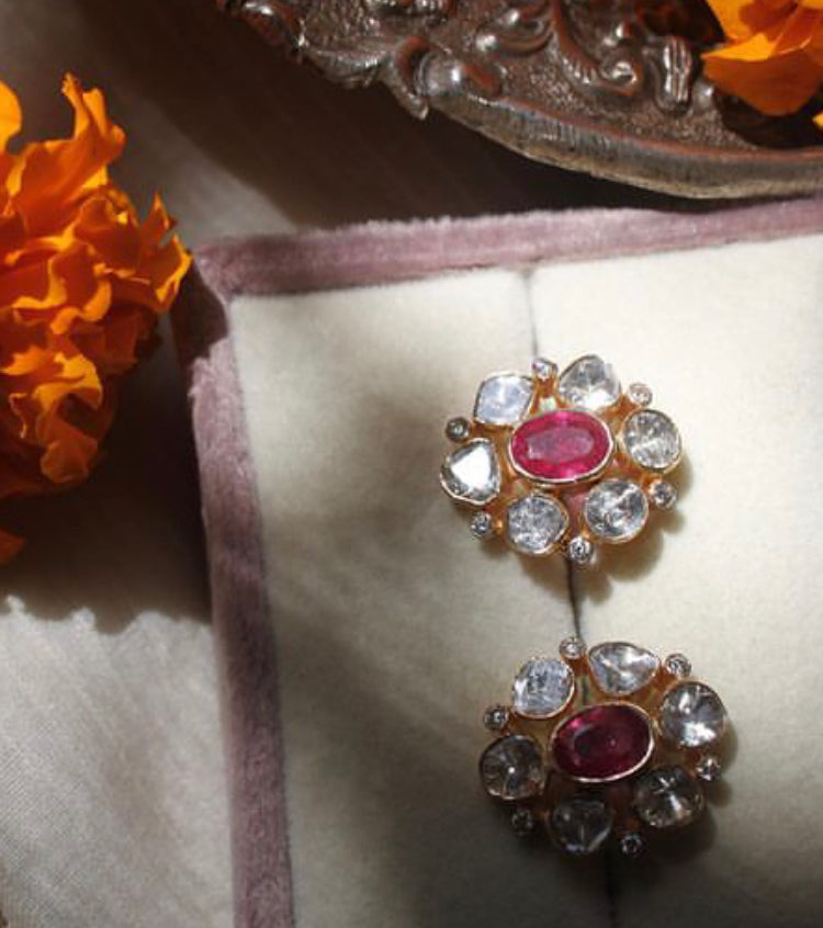 14K Gold Ruby Diamond Polki Top Earrings - Amrrutam