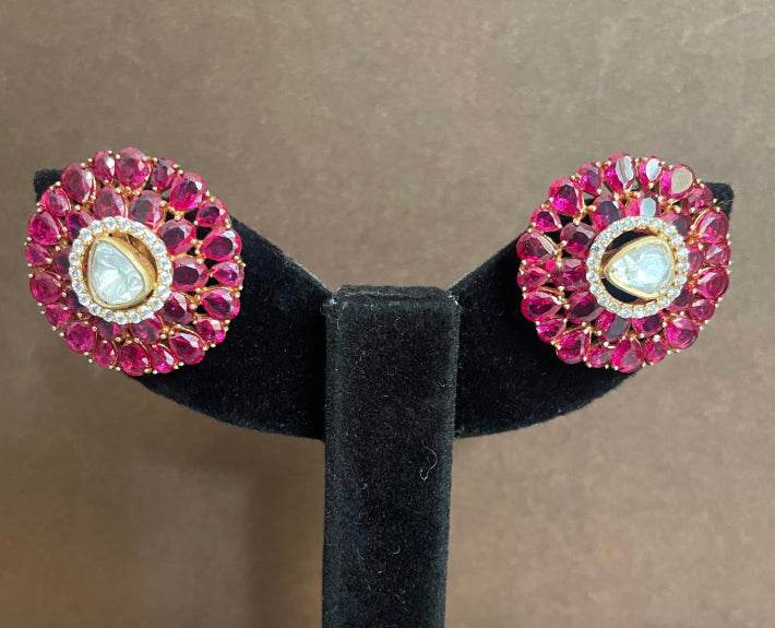 925 Silver Zambia Ruby Polki Stud Earring - Amrrutam Jewellery