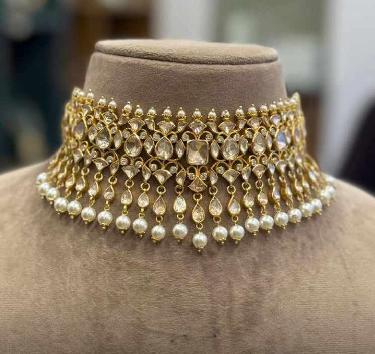 925 Silver Tara Polki Choker Necklace Set - Amrrutam Jewellery