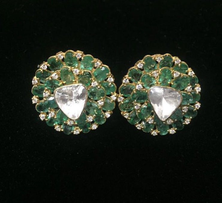14K Gold Emerald Polki Stud Earrings - Amrrutam