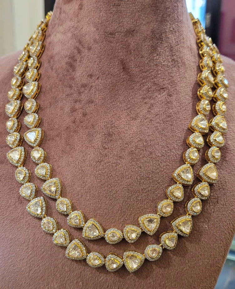 925 Silver Double Line Long Polki Necklace - Amrrutam