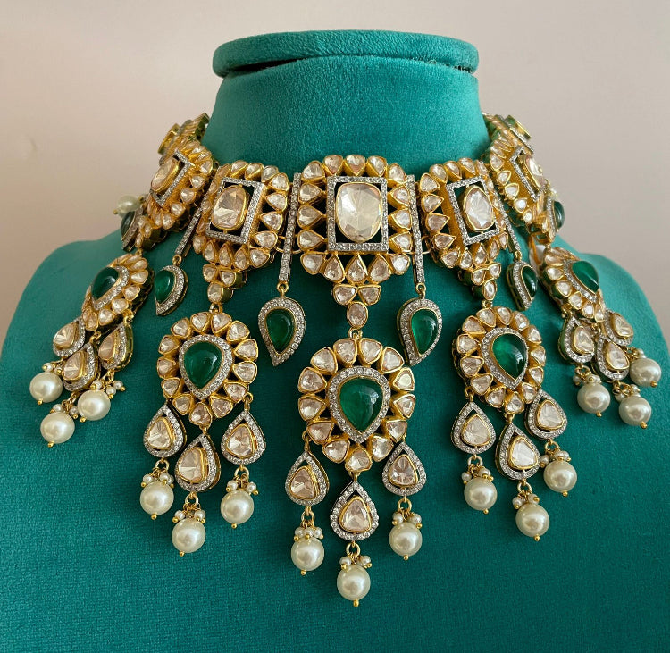 925 Silver Beghum Polki Bridal Choker Necklace Set - Amrrutam Jewellery