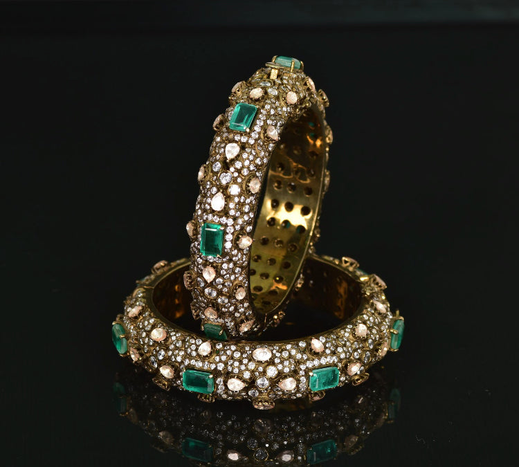 925 Silver Mariah Emerald Victorian Polki Bangle Set - Amrrutam Jewellery