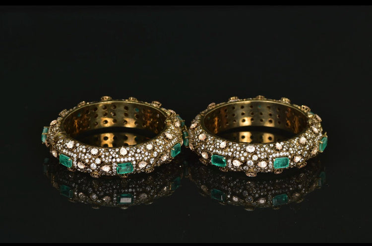 925 Silver Mariah Emerald Victorian Polki Bangle Set