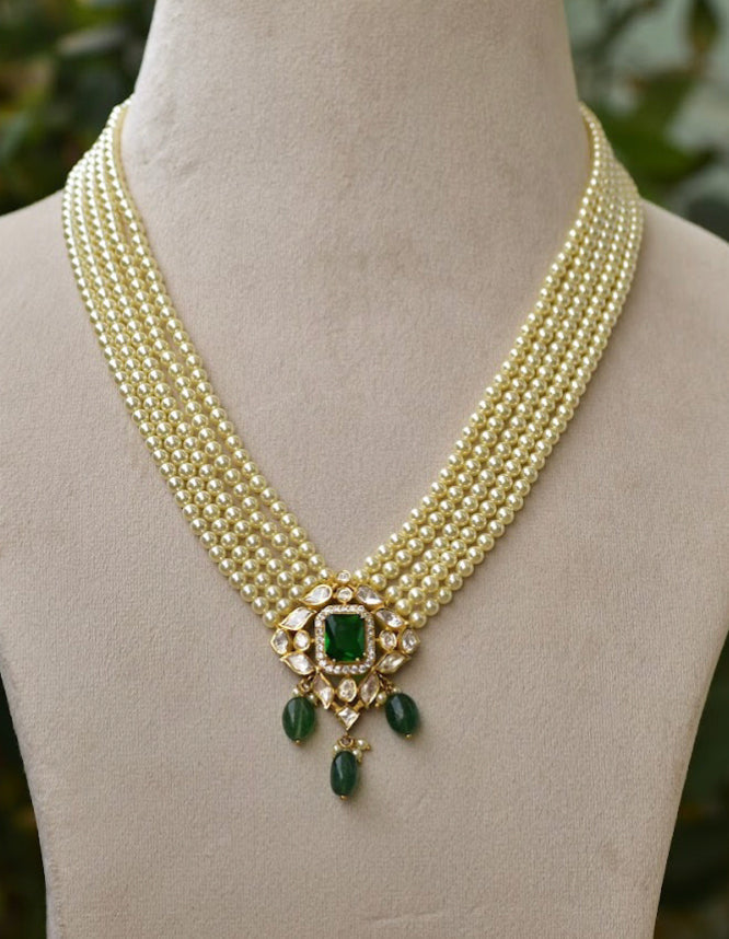 925 Silver Konika Polki Festive Pearl Necklace Set - Amrrutam Jewellery