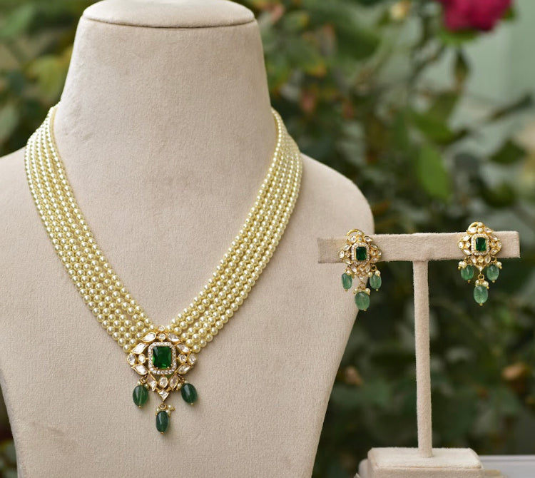 925 Silver Konika Polki Festive Pearl Necklace Set
