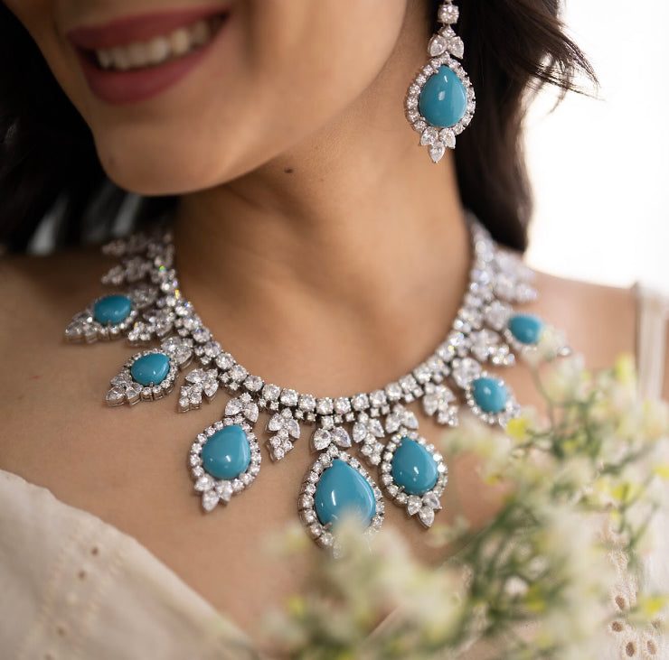 925 Silver Firozah CZ Necklace Set - Amrrutam Jewellery