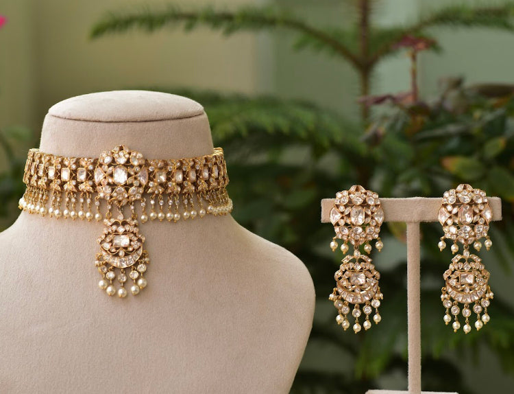 925 Silver Zaviar Polki Festive Choker Necklace Set - Amrrutam Jewellery