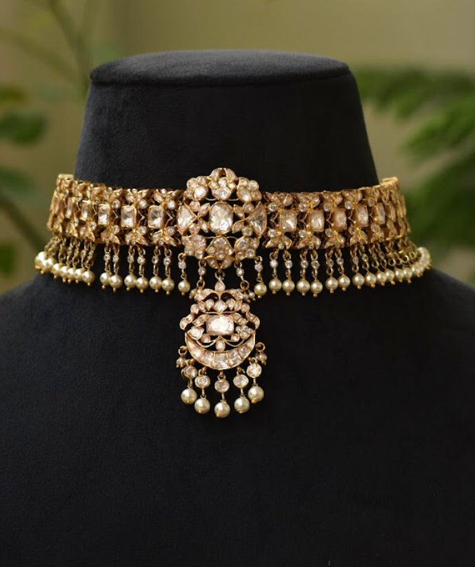 925 Silver Zaviar Polki Festive Choker Necklace Set