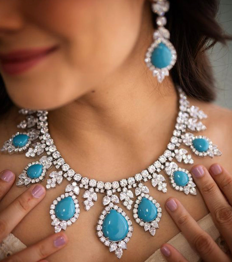 925 Silver Firozah CZ Necklace Set - Amrrutam Jewellery