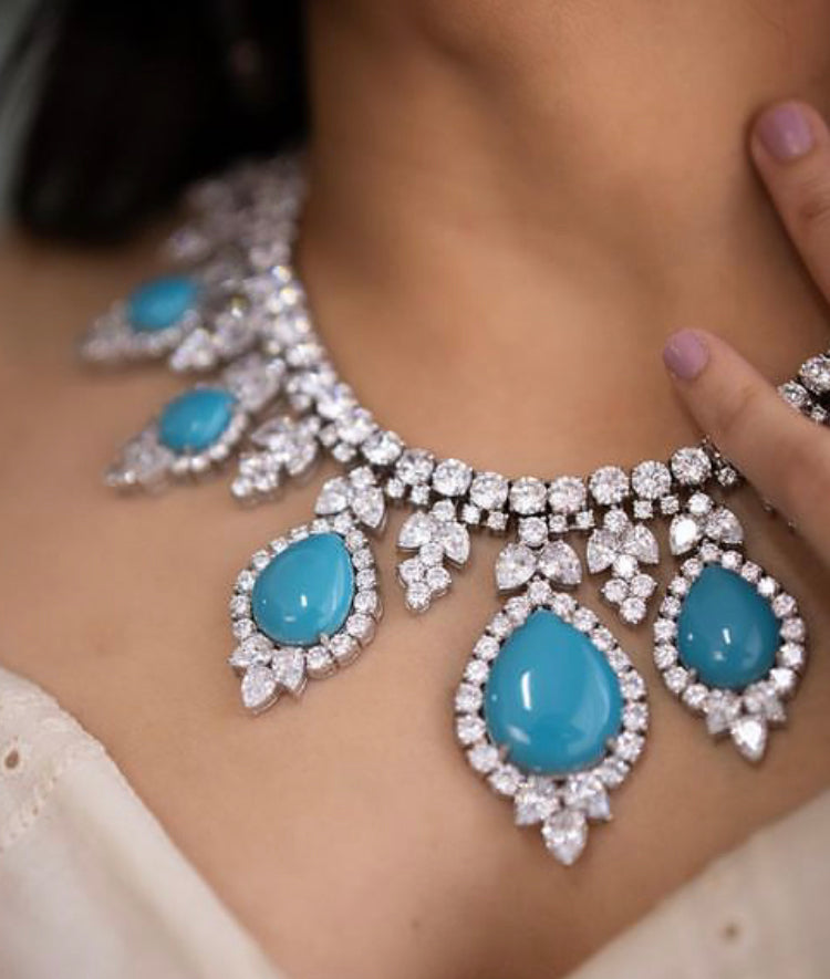 925 Silver Firozah CZ Necklace Set - Amrrutam Jewellery