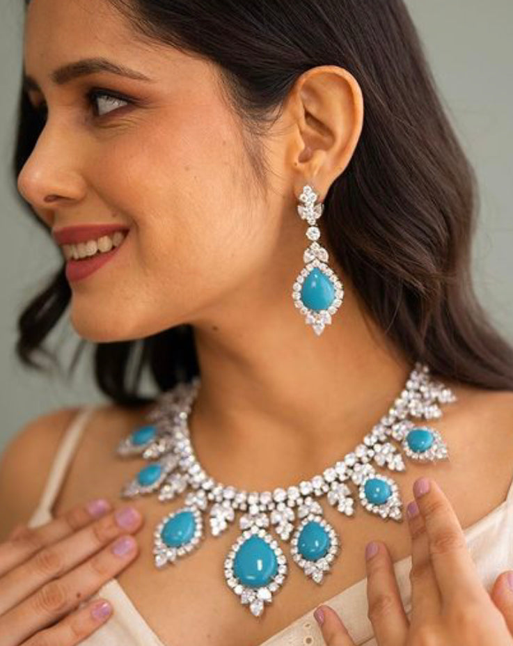 925 Silver Firozah CZ Necklace Set - Amrrutam Jewellery