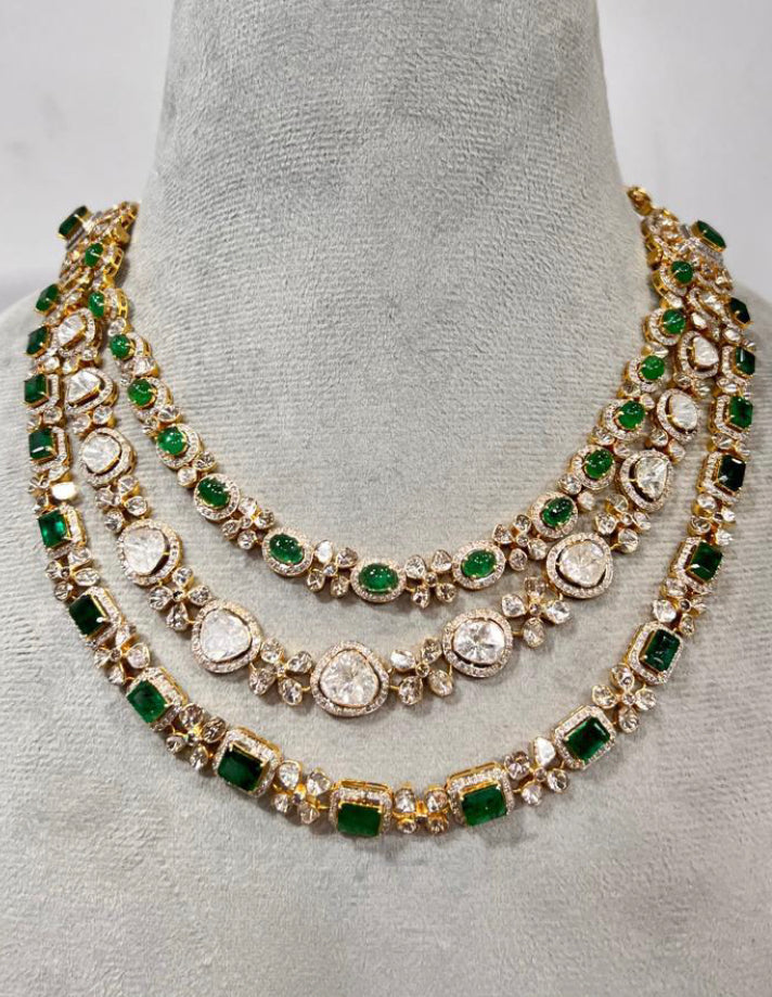 925 Silver Royal Polki Emerald Necklace