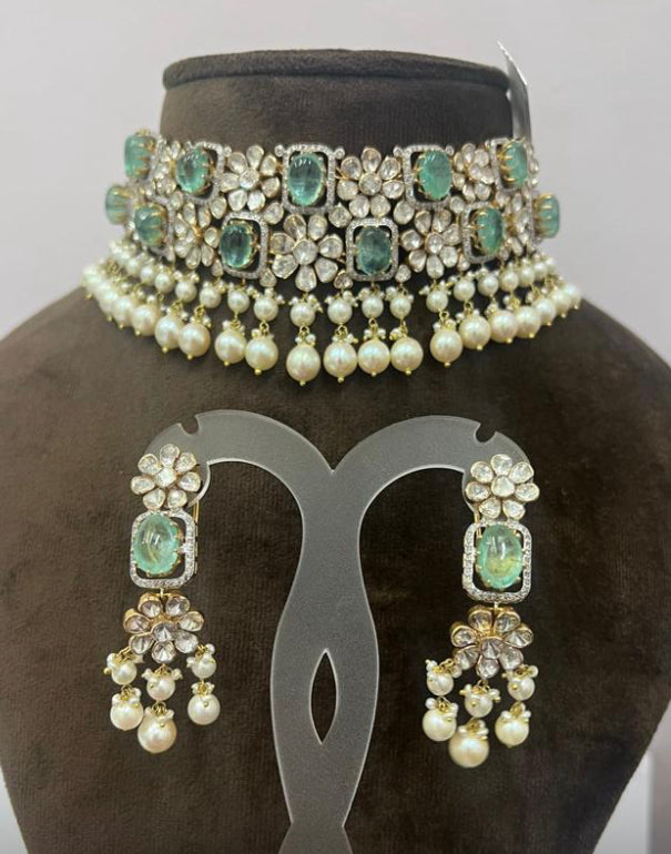 925 Silver Ragshree Rani Polki Necklace Set