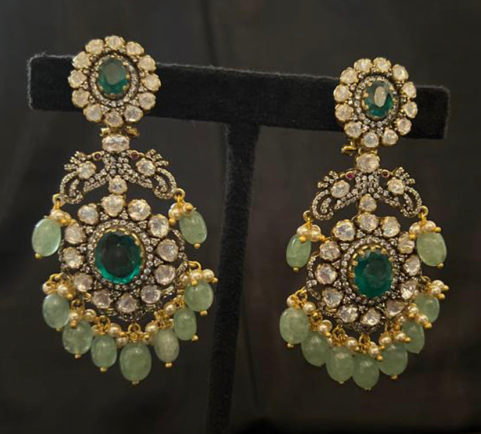 925 Silver Peacock Victorian Polki Chandbali Earring - Amrrutam