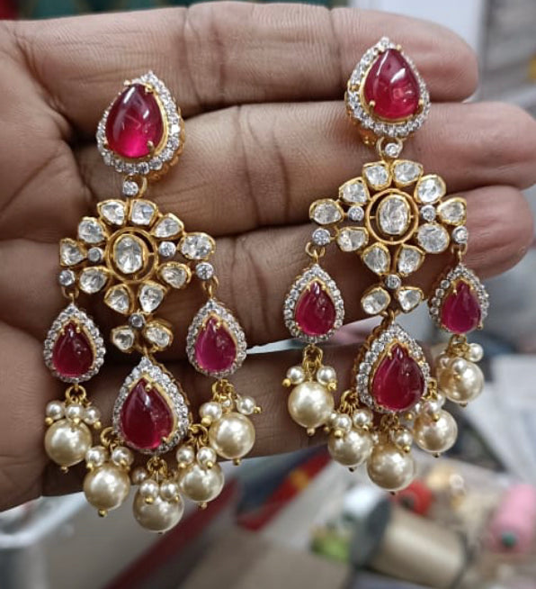 925 Silver Diya Pink Polki Earrings