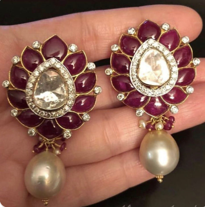 925 Silver Vera Polki Ruby Drop Earrings - Amrrutam Jewellery