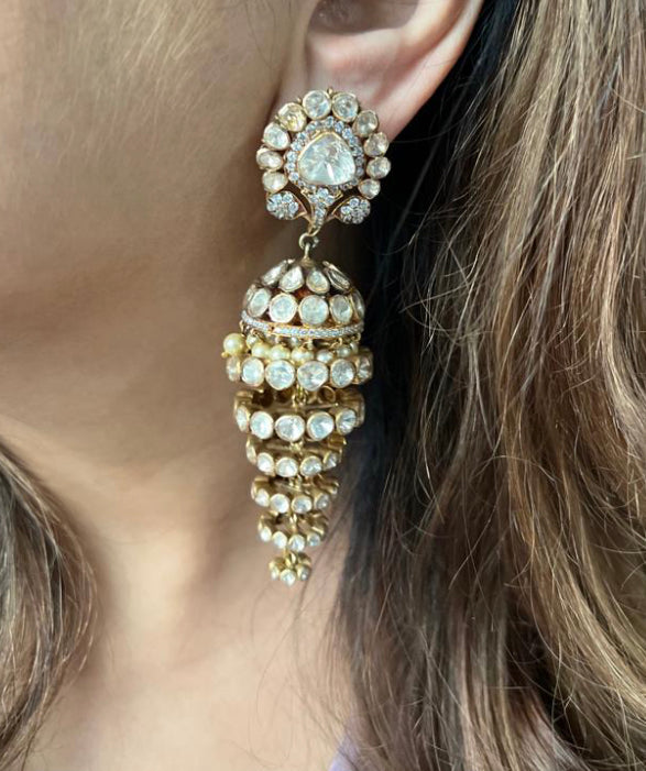 925 Silver Chandelier Polki Jhumka Earring - Amrrutam
