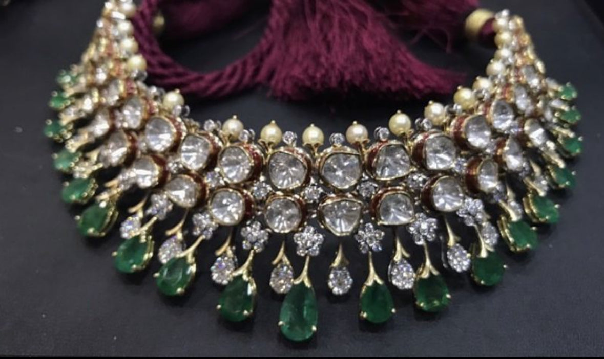 925 Silver Alsisar Emerald Choker Polki Necklace