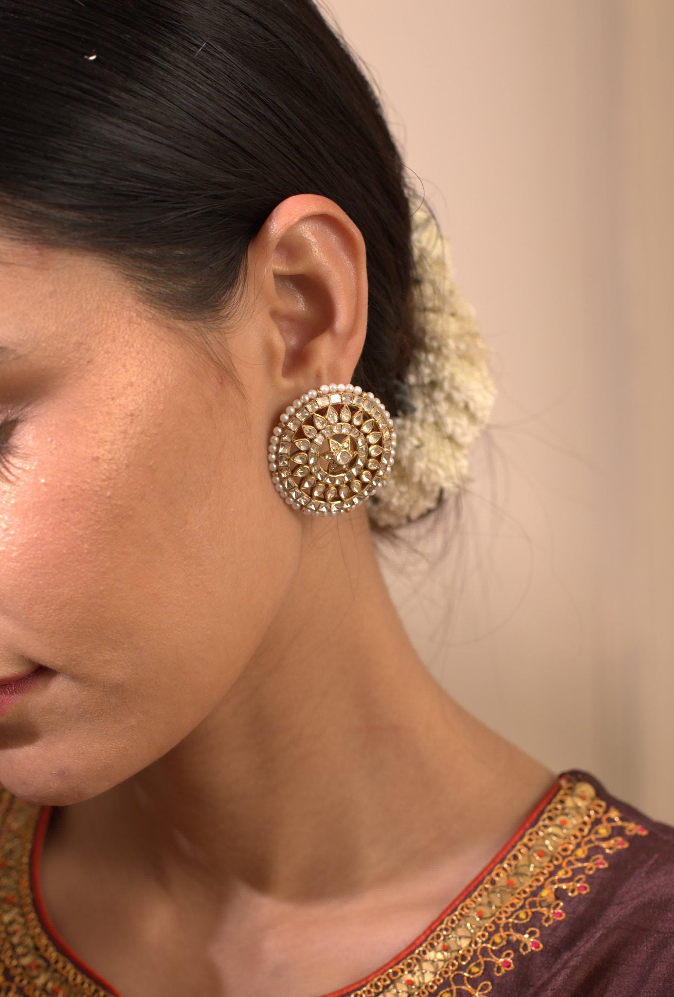 Gold Palted Polki Ear Studs. - Amrrutam