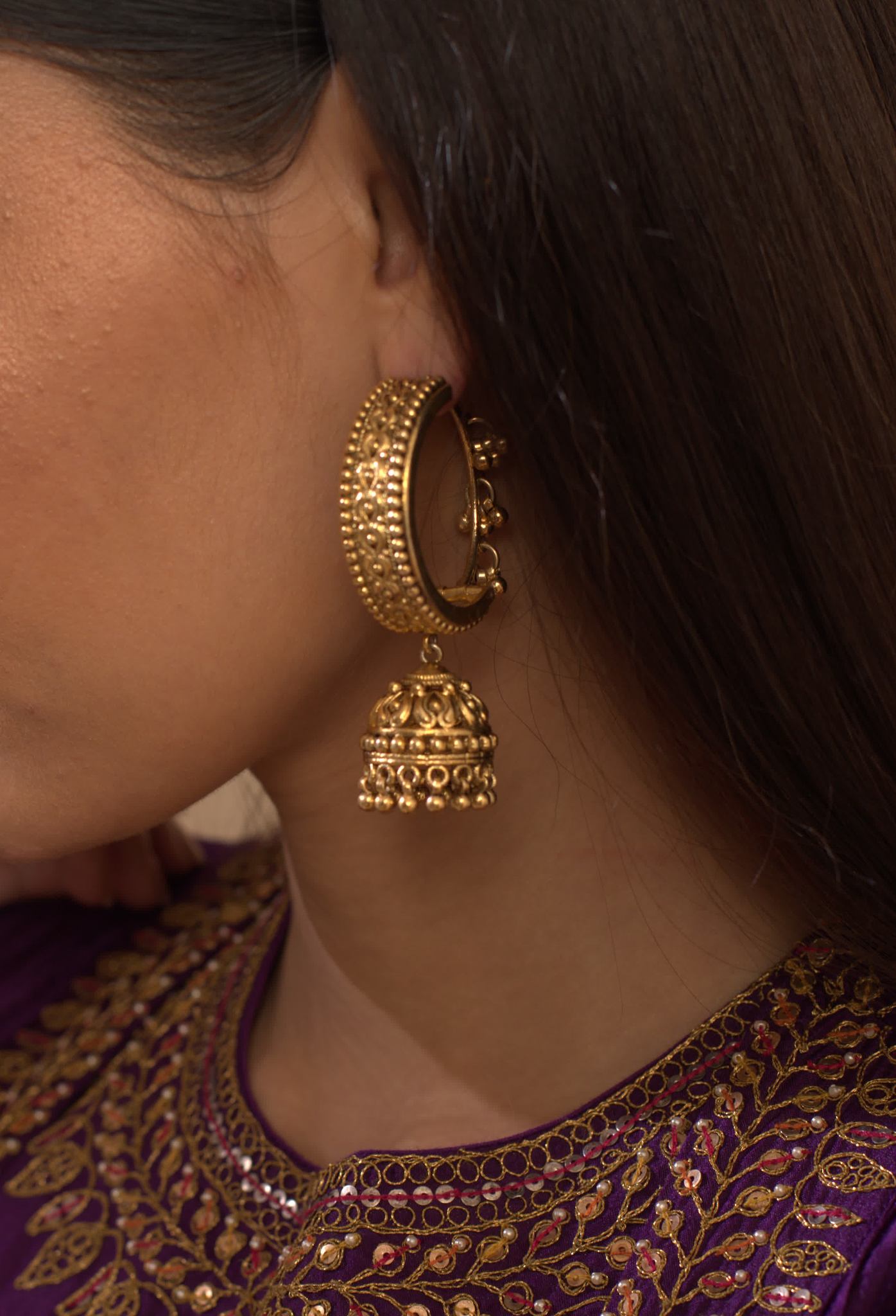 Gold Plated Silver Textured Jhumkis - Amrrutam